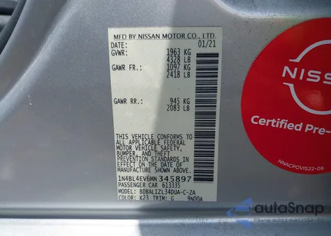 2021 Nissan Altima Sl Fwd from USA, damaged, VIN 1N4BL4EV6MN345897